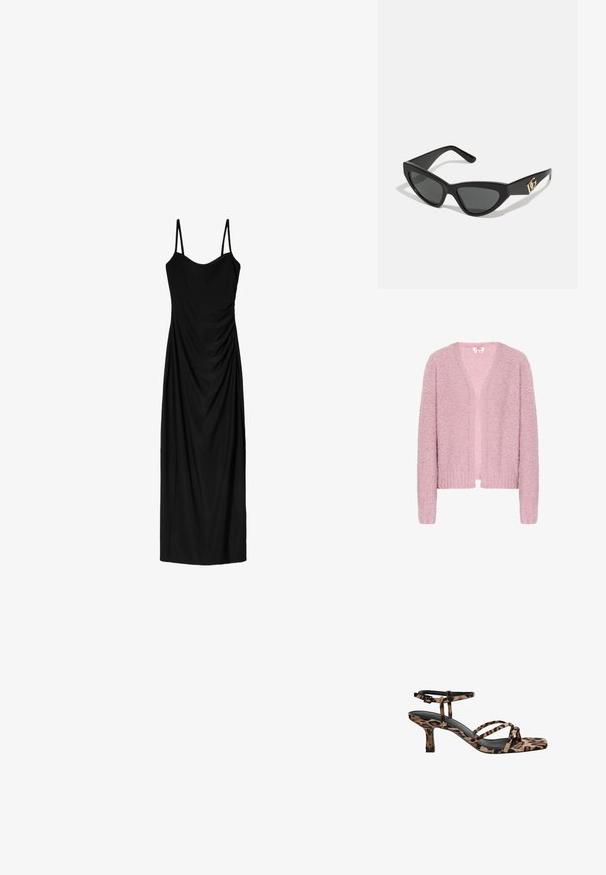 Világos rózsaszín kardigán, amely strukturált, bolyhos fonalból készült. V-szabású, nyitott elülső rész, hosszú ujjú, bordás aljjal és mandzsettákkal rendelkezik.; Fekete midi ruha vékony, állítható pántokkal, amely drapált designnal és sima textúrával rendelkezik. Nincsenek látható minták vagy díszítések.; Leopárdmintás, négyzetes orrú magassarkú szandál, több pánttal és közepes magasságú sarkával. Puha textilből készült.; Macska szemformájú napszemüveg matt fekete műanyag kerettel, sötét lencsékkel és arany logóval a szárán. Szögletes kialakítás és sima felület.; Barna bőr keresztpántos táska logómintával, arany láncos pánttal, cipzáras záródással és arany fémkiegészítőkkel. Kompakt és téglalap alakú dizájn.