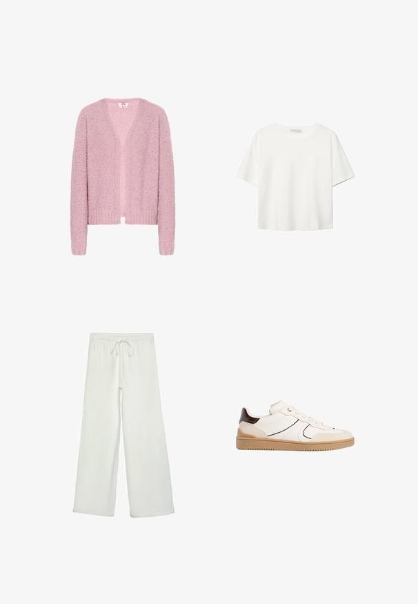 Jasnoróżowy kardigan wykonany z teksturowanej, puszystej włóczki. Posiada dekolt w serek, otwarty przód, długie rękawy oraz prążkowane wykończenia u dołu i mankietów.; Biała koszulka z krótkim rękawem, wykonana z bawełny. Posiada okrągły dekolt i luźny krój. Gładka faktura bez widocznych wzorów czy akcentów.; Białe spodnie o szerokich nogawkach wykonane z miękkiego materiału. Posiadają elastyczny pas ze sznurkiem i gładką teksturę. Brak widocznych wzorów lub elementów metalowych.; Stradivarius - Sneakersy niskie