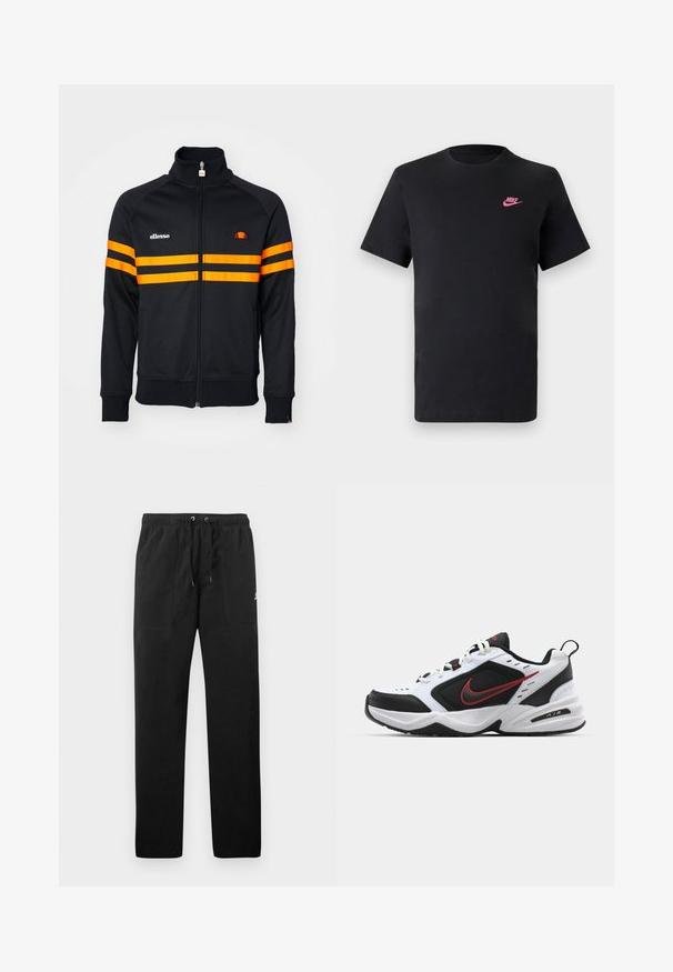Black zip-up jacket made of sweatshirt material featuring orange stripes across the chest and arms, with logo embroidery on the left side.; Black cotton t-shirt with a round neckline and short sleeves. Features a pink Nike logo on the upper left side. Smooth texture.; Black sweatpants made of fleece, featuring an elastic waistband with drawstrings, two front pockets, and a small logo on the thigh.; White and black athletic shoe with red accents. Features mesh panels, padded collar, and rubber sole; includes branding logo on the side.