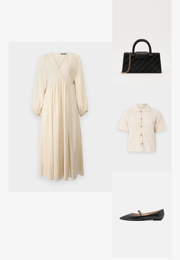 Vanessa Bruno EMARYA - Kardigan - ecru; WEEKEND MaxMara FRANCIS - Denní šaty - ecru; Černé kožené baleríny s špičatou špičkou a bočním páskem, který má kulatý zlatý akcent. Lehká konstrukce s plochou podrážkou.; Černá kabelka vyrobená z texturované kůže se vzorem diamantů, zlatě tónovaný řetízek, a horní rukojeť s klopou opatřenou embosovaným logem.