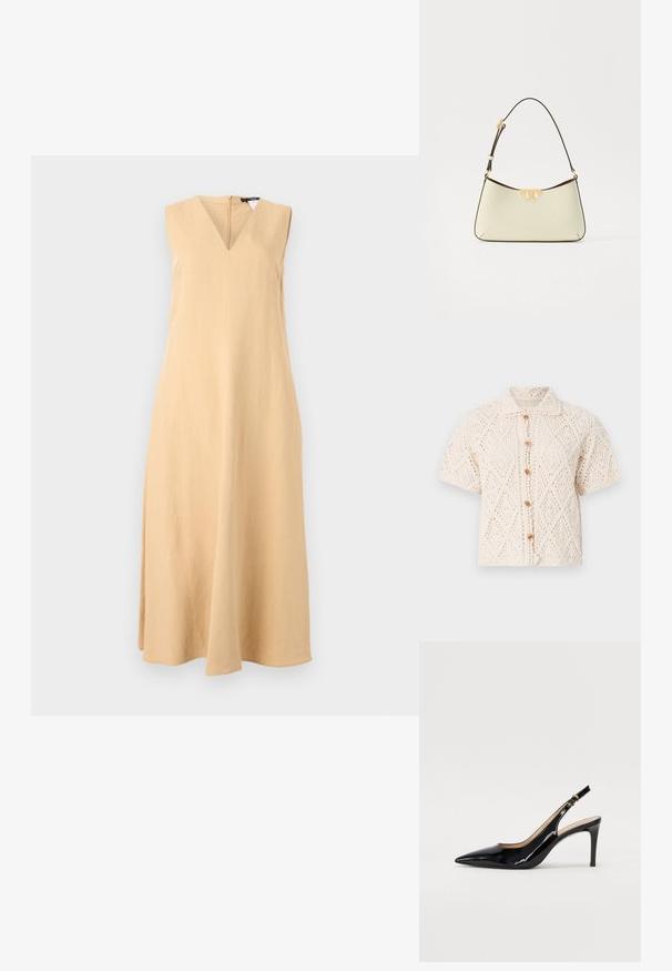 Vanessa Bruno EMARYA - Chaqueta de punto - ecru; Vestido sin mangas de lino en color beige claro, con escote en V, que presenta una silueta recta y una forma sutil en A con una línea de dobladillo por debajo de las rodillas.; Zapatos de charol negro con tirante al tobillo, punta afilada, tacón delgado y un diseño de corte sutil. Presenta una hebilla dorada en la correa.; Bolso de cuero en crema con forma curvada. Presenta un acento de logo en tono dorado y una correa delgada y ajustable de color oscuro.