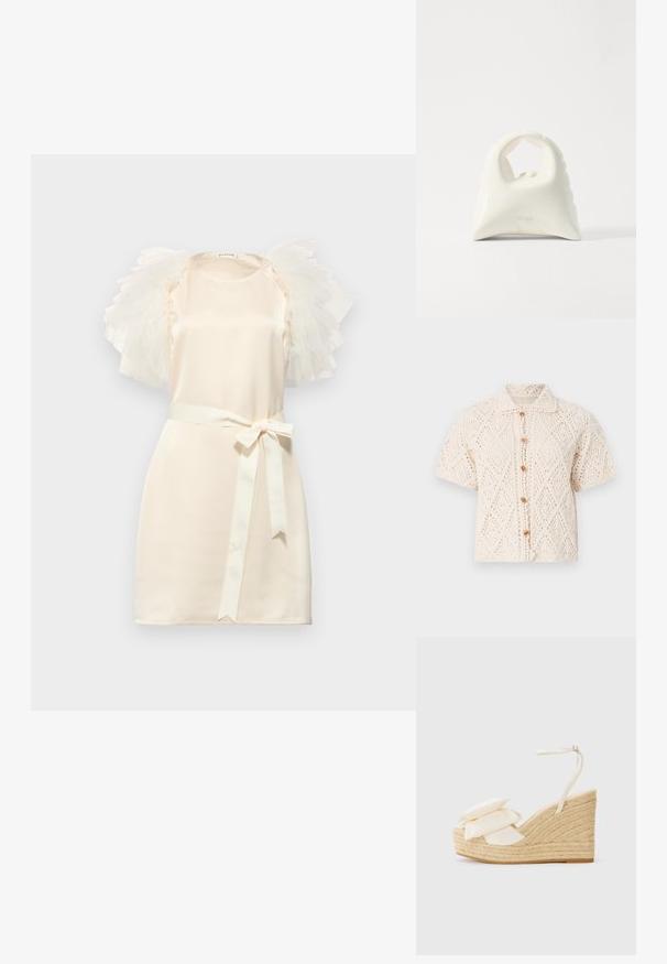Vanessa Bruno EMARYA - Kardigán - ecru; Rövid, krémszínű ruha fodros, áttetsző tüll ujjal. Személyesen selyemfényű, és egy övvel ellátott derékrésze van, amely kiemeli az alakot.; Sarok-emelő szandál természetes juta talppal, krém színű textil felsőrész és két rétegű virágdíszítéssel; vékony bokapánttal és csattal rendelkezik.; Fehér kézitáska, texturált, ívelt dizájnnal. Kiemelkedő füllel és lekerekített aljjal rendelkezik, sima felülettel és minimális fémszerelvényekkel.