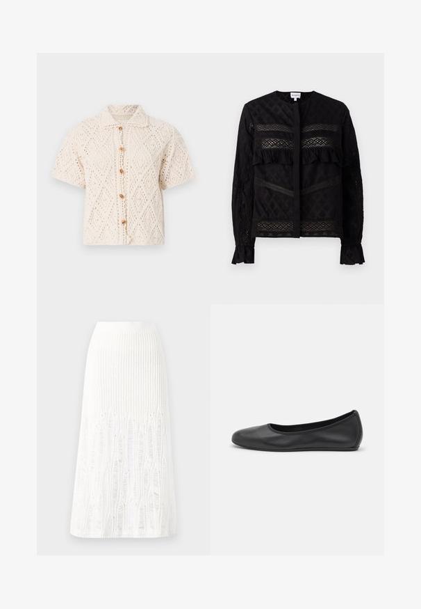Vanessa Bruno EMARYA - Cardigan - ecru; Svart bluse med rund krage, med gjennomsiktige lace-paneler, volangdetaljer og teksturerte mønstre. Lange ermer med elastiske mansjetter.; Strikket hvit midiskjørt med et teksturert mønster med vertikale linjer og utklippsdetaljer nær kanten. Elastisk midje. Mykt materiale.; Svart skinnballettflatt med rund tå, glatt tekstur, minimal sømdetalj, og et fleksibelt såledesign.