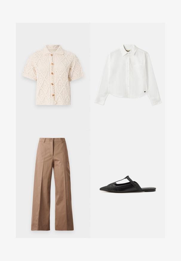 Vanessa Bruno EMARYA - Vesta na kopčanje - ecru; Bijela skraćena košulja dugih rukava napravljena od pamuka. Ima gumb za zatvaranje sprijeda, džep na prsima i mali crni logotip na donjem lijevom dijelu.; Smeđe hlače širokih nogavica od glatkog materijala, s prednjim zatvaračem na dugme, dvjema prednjim džepovima i čistim, oblikovanim linijama.; Crne kožne cipele s remenom oko pete i šiljastim vrhom, s pletenim naglaskom i nabranim gornjim dijelom. Ravni đon s minimalnim hardverom.