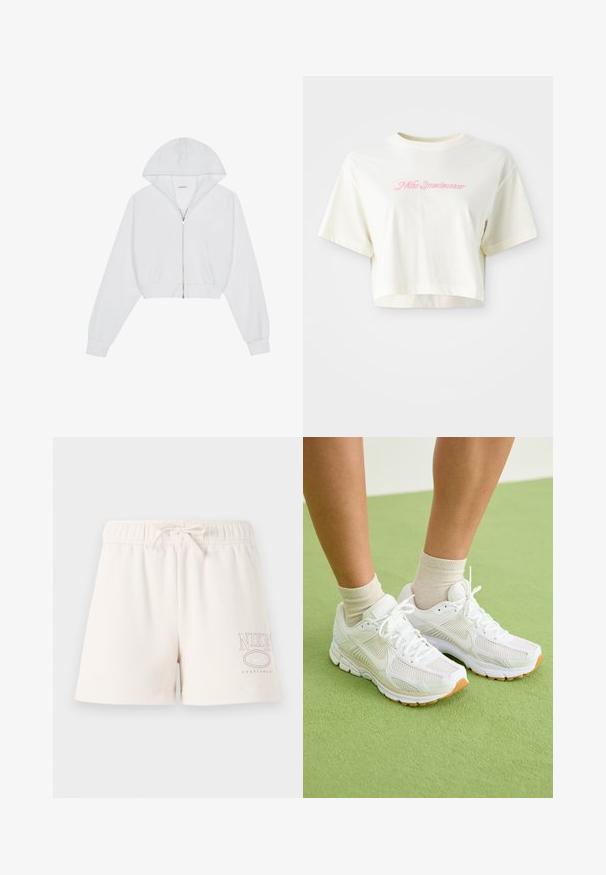 White cropped hoodie with a front zipper, long sleeves, side pockets, and a hood. Made of soft fabric with a smooth texture.; Cropped, cream-colored t-shirt made of cotton. Features a pink embroidered logo that reads "Nike Sportwear." Short sleeves and a round neckline.; Light beige cotton shorts with an elastic waistband, adjustable drawstring, and "NIKE SPORTSWEAR" logo printed in light brown on the side.; White athletic shoes with mesh fabric, rubber soles, and accenting beige details. Worn with light-colored socks on a green surface.