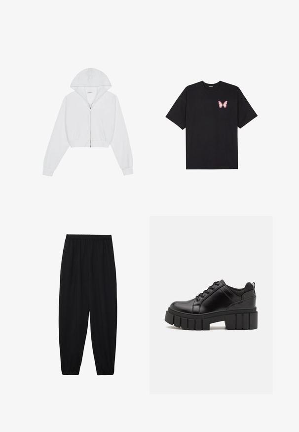 Felpa bianca corta con zip frontale, maniche lunghe, tasche laterali e cappuccio. Realizzata in tessuto morbido con una texture liscia.; T-shirt nera in cotone con maniche corte, caratterizzata da una piccola grafica di una farfalla rosa sul lato sinistro del petto. Design a girocollo con una vestibilità rilassata.; Pantaloni neri leggeri con vita elastica e caviglie arricciate. Il tessuto è liscio e presenta un design rilassato e affusolato.; Scarpe platform in pelle nera con tacco a blocco robusto, punta rotonda e design tradizionale con lacci. Presentano una superficie liscia e dettagli minimi.