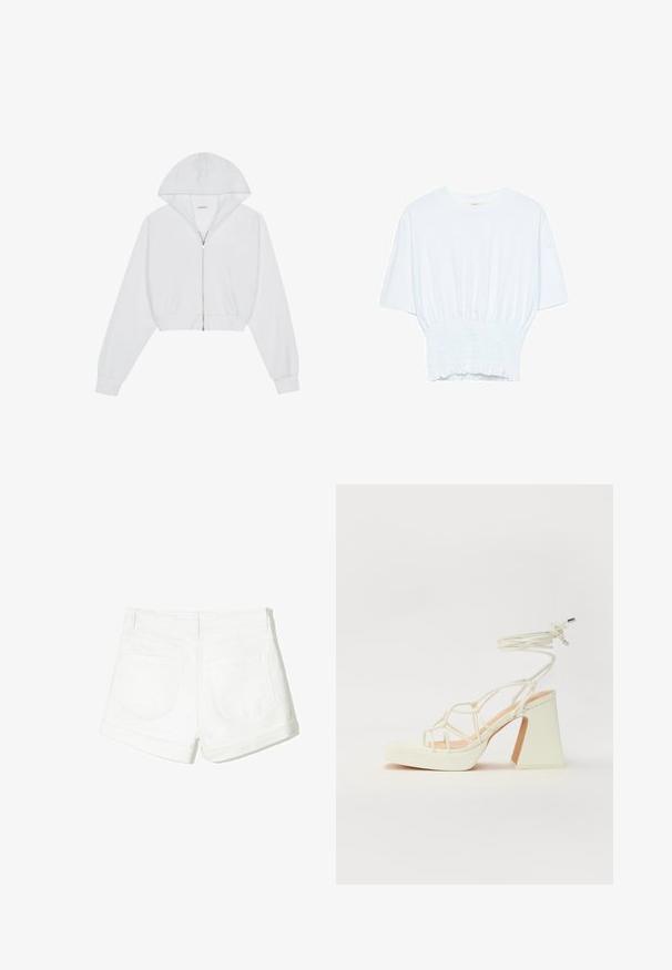 Biela skrátená mikina s predným zipsom, dlhými rukávmi, bočnými vreckami a kapucňou. Vyrobená z mäkkej látky s hladkou textúrou.; Biela krátka T-shirt s voľným strihom a zlaceným textúrou v oblasti pása. Vyrobená z mäkkého, ľahkého materiálu.; Biele denim šortky so skladanými okrajmi, dvoma zadnými vreckami a hladkým povrchom. Jednoduchý dizajn bez viditeľného kovania alebo vzorov.; Biele sandále na vysokom opätku s hrubým podpätkom, s pruhovaným dizajnom a viazaním na členku. Hladký povrch s platformou vpredu pre zvýšenú výšku.