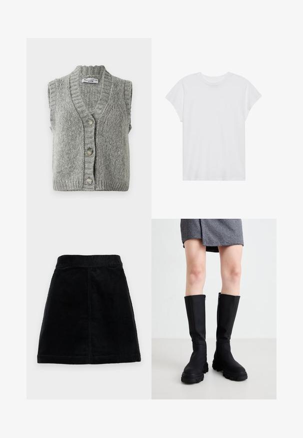 Grey knitted sleeveless button-up cardigan vest with ribbed collar and hem, laid flat showing front with three buttons.; White short-sleeve t-shirt with a round neck, relaxed fit, made of soft cotton fabric. Smooth texture, no patterns or logos.; Black corduroy skirt featuring a fitted waist, straight cut, and textured fabric with vertical ribbing. No visible closures or embellishments.; Black knee-high boots with a smooth finish, chunky soles, and a subtle side zipper. Stylishly paired with a gray herringbone skirt.