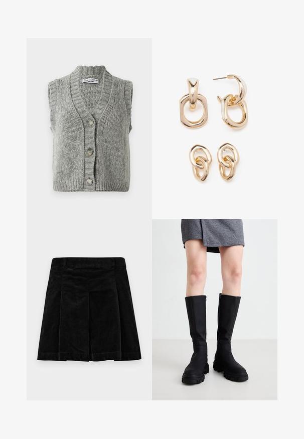 Sivi pleteni bezrukavi kardigan bez dugmadi s rebrastim ovratnikom i rubom, položen ravno i prikazuje prednju stranu s tri dugmeta.; Bijela majica kratkih rukava s okruglim izrezom, opuštenog kroja, izrađena od mekanog pamučnog materijala. Glatka tekstura, bez uzoraka ili logotipa.; Crna kord skirt s nabranim dizajnom, ravnog kroja, teksturirane površine i strukom za sigurno pristajanje.; Crne čizmice do koljena s glatkom završnom obradom, debelim potplatima i diskretnim bočnim patentnim zatvaračem. Modno uparene s sivoj suknjom od riblje kosti.; Zlatne nausnice s mješavinom geometričkih oblika: kvadrat, krug i povezani ovalni dizajni s poliranim završetkom.