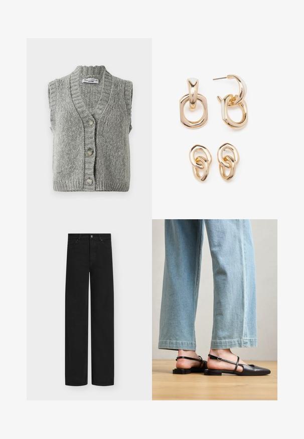 Grå strikket ermeløs knappet vest med ribbestrikket krage og kant, liggende flatt med fronten synlig, med tre knapper.; Hvit t-skjorte med korte ermer og rund hals, avslappet passform, laget av myk bomull. Glatt tekstur, uten mønstre eller logoer.; Sorte vide jeans laget av denim, med knappelukking og fem lommer. Jevn tekstur med et rent, minimalistisk design.; Sorte lærrem sko med spiss tå, flat hæl og ankelrem; brukt med lyseblå vide jeans.; Gullfargede øreringer med en blanding av geometriske former: en firkant, sirkel og sammenkoblede ovale design med en polert finish.