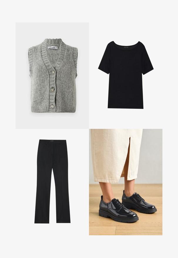 Szary, dziany, bezrękawnik zapinany na guziki z prążkowanym kołnierzem i dołem, ułożony na płasko, pokazując przód z trzema guzikami.; Czarny t-shirt z krótkim rękawem i szerokim dekoltem. Wykonany z miękkiego, lekkiego materiału. Prosty design bez wzorów i akcentów.; Czarne spodnie o prostym kroju, gładkim materiale i bez widocznych wzorów. Zaprojektowane z klasycznymi kieszeniami z przodu i z zamkiem błyskawicznym.; Czarne lakierowane buty na grubej czarnej podeszwie, z sznurowanym zapięciem i okrągłymi noskami, noszone z jasnobeżową spódnicą.