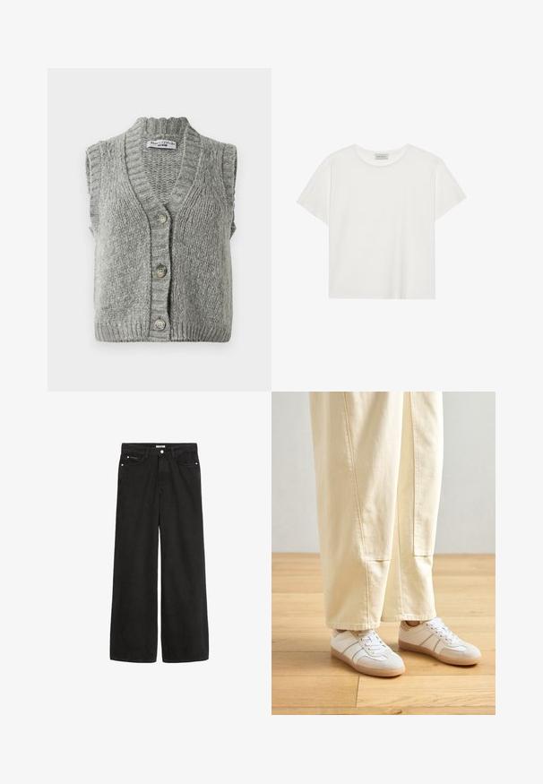 Sivá pletená bezrúšková cardiganová vesta s gombíkmi, s rebrovaným golierom a lemom, ležiaca na ploche a ukazujúca prednú stranu so žiadnymi gombíkmi.; Biele tričko s krátkymi rukávmi vyrobené z jemnej bavlny. Má okrúhly výstrih a voľný strih. Čistý dizajn bez viditeľných vzorov alebo akcentov.; Široké čierne denímové džínsy s vysokým pásom. Obsahujú päť vreciek, kovové doplnky a čistý vzhľad. Textúra je hladká a jemná.; Biele tenisky s kombináciou hladkej a semišovej textúry, s béžovými akcentmi a gumovou podrážkou, spárované s svetlými širokými nohavicami.