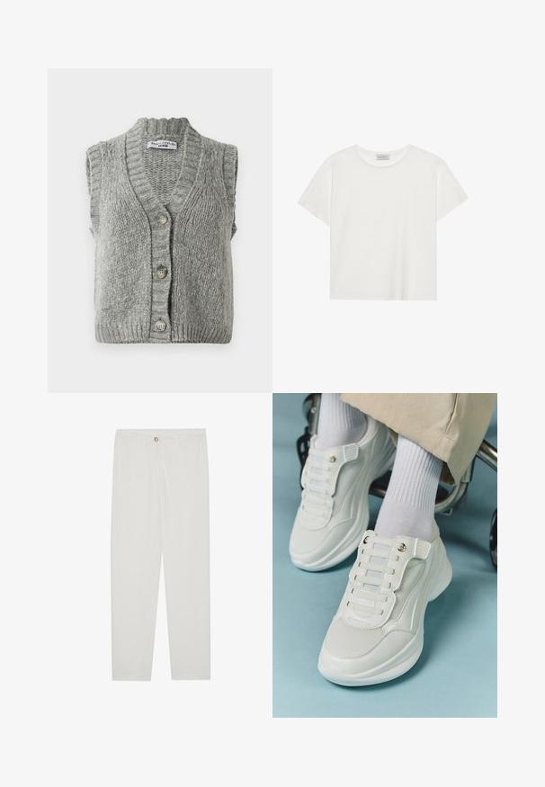 Sivá pletená bezrúšková cardiganová vesta s gombíkmi, s rebrovaným golierom a lemom, ležiaca na ploche a ukazujúca prednú stranu so žiadnymi gombíkmi.; Biele tričko s krátkymi rukávmi vyrobené z jemnej bavlny. Má okrúhly výstrih a voľný strih. Čistý dizajn bez viditeľných vzorov alebo akcentov.; Biele, priliehavé nohavice s rovnými nohavicami, so zapínaním na gombík, pútkami na opasok a bočnými vreckami; hladká textúra látky.; Biele tenisky s materiálom z mlátenice, gumovou podrážkou, bezšnúrovým dizajnom s elastickými pásikmi a pozlátenými akcentmi.