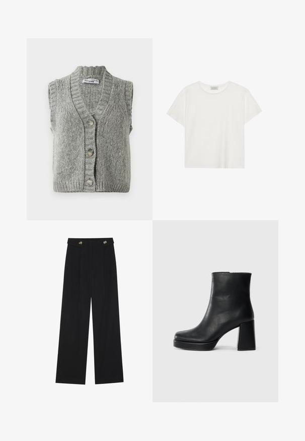 Grå strikket ermeløs knappet vest med ribbestrikket krage og kant, liggende flatt med fronten synlig, med tre knapper.; Hvit T-skjorte med kort erm laget av myk bomull. Har rund hals og avslappet passform. Rent design uten synlige mønstre eller aksenter.; Svart vide bukser med høy midje, knappdetaljer på midjebåndet og frontplisser.; Sorte skinnankelsko med blokkhæl og plattformsåle, sett fra siden på en enkel hvit bakgrunn.