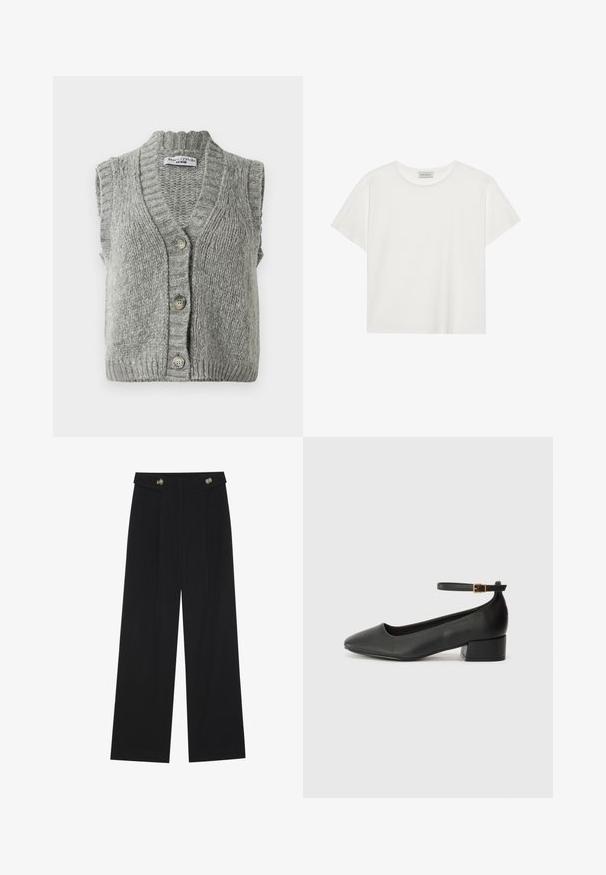 Grey knitted sleeveless button-up cardigan vest with ribbed collar and hem, laid flat showing front with three buttons.; White short-sleeve T-shirt made of soft cotton. Features a round neckline and relaxed fit. Clean design with no visible patterns or accents.; Black wide-leg trousers with high waist, button details on waistband, and front pleats.; Black leather pump with a pointed toe and a low block heel. Features an ankle strap with a gold-tone buckle. Smooth texture.