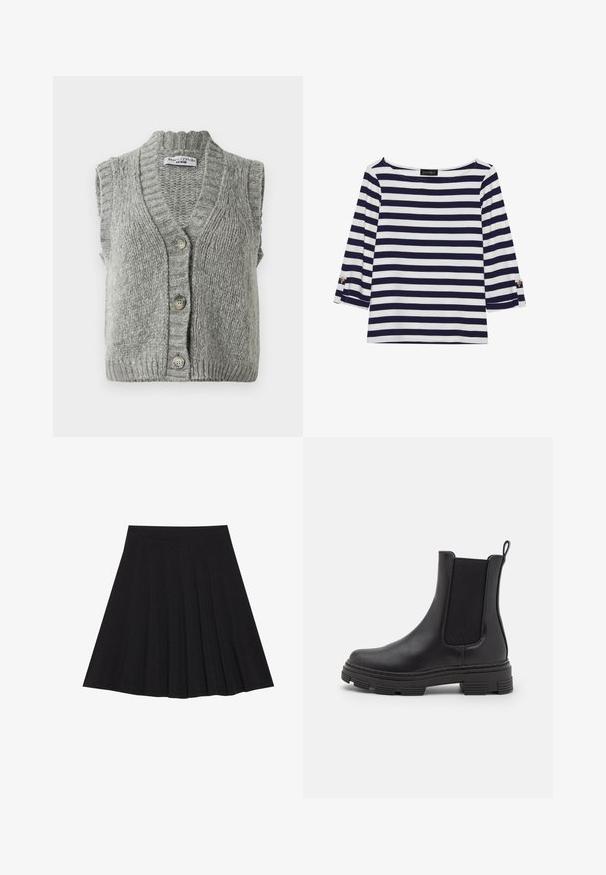 Pilkos megztos be rankovių megztinis su sagomis, su grioveliu ant apykaklės ir apačios, patalpintas plokščiai, rodantis priekį su trimis sagomis.; Mėlynos ir baltos spalvos dryžuotas ilgomis rankovėmis marškinėliai su laiviniu kaklu ir auksiniais mygtukais sukeltose rankovėse. Minkšta medžiaga, laisvas siluetas.; Juoda plisėta sijonas, pagamintas iš tekstūruotos medžiagos su prigludusia juosmens juosta. Siekia kelių ilgį, turi sklandžią, švarią siluetą.; Juodos odinės kulkšninės botai su elastinėmis šoninėmis juostomis, apvalia nosimi ir tekstūruotu guminiu padu. Yra kilpa gale, skirta patogiam užsidėjimui.