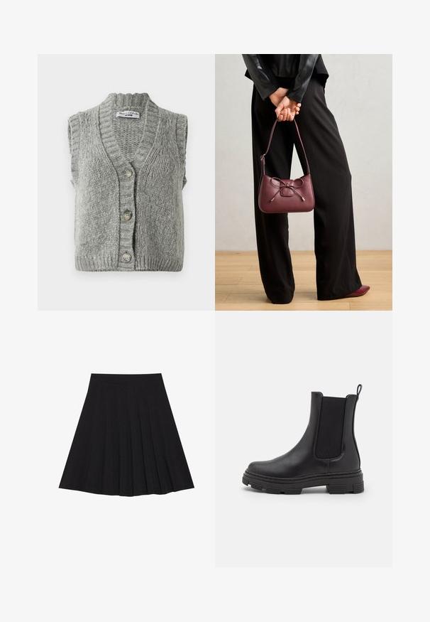 Grå stickad ärmlös kofta med knappar och ribbad krage och nederkant, flatlagd med framsidan visad och tre knappar.; Marinblå och vit randig långärmad topp med båtutskuren hals och guldknappdetaljer på uppvikta ärmar. Mjuk tyg, avslappnad passform.; Svart plisserad kjol gjord av texturerad tyg med en figurnära midjeband. Faller till knä längd och har en slät, ren silhuett.; Svart läderankelboot med elastiska sidor, rund tå och texturerad gummisula. Har en ögla bak för enkel påtagning.; Burgundy läderhandväska med en detalj av en rosett, med en smal rem och guldtonade detaljer, hålls av en person som bär svarta byxor.