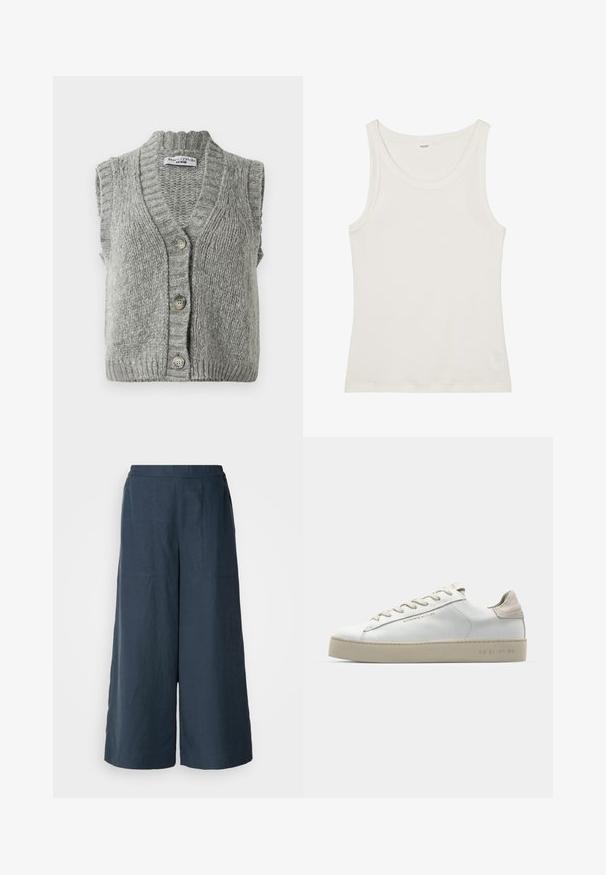 Grauer gestrickter, ärmelloser Cardigan-Weste mit Knopfleiste und geripptem Kragen und Saum, flach ausgelegt und von vorne mit drei Knöpfen gezeigt.; Weißes Baumwolltanktop mit weitem Ausschnitt und dünnen Schulterträgern. Glatte Textur ohne sichtbare Muster oder Verzierungen.; Weite Beinhosen in Marineblau, aus leichtem Stoff. Mit einer leicht strukturierten Oberfläche, elastischem Bund und Vordernähten.; Weiße Leder-Sneaker mit glatter Oberfläche, beigen Wildleder-Akzenten, runder Zehenpartie, flachem Schnürdesign und einer strukturierten Gummisohle.