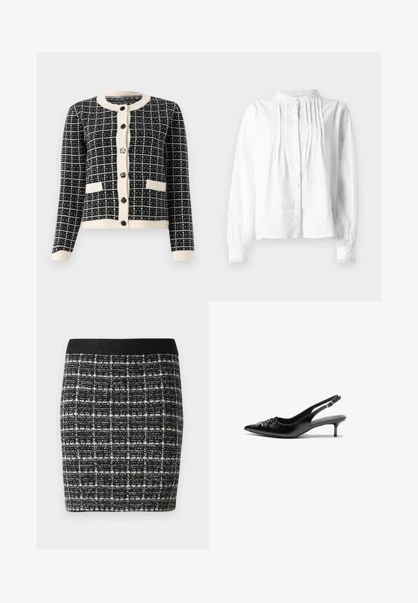 Melnbalts rakstains kardigāns ar apaļu kakla izgriezumu, melnām pogām priekšpusē un divām priekšējām kabatām. Ribotās piedurknes un apakšmala.; Balta garo piedurkņu blūze ar stāvo apkakli, vertikālām krokām priekšā, pogu aizdari un mežģīņu apmali pie piedurknēm.; Melnā un baltā kvadrātveida svārki ar teksturētu audumu, ar melnu jostasvietu un pieguļošu siluetu.; Melni ādas sandales ar norādītu pirkstu, mazu kaķa papēdi un dekoratīvu mezglu detaļu priekšā. Gluda tekstūra visā virsmā.