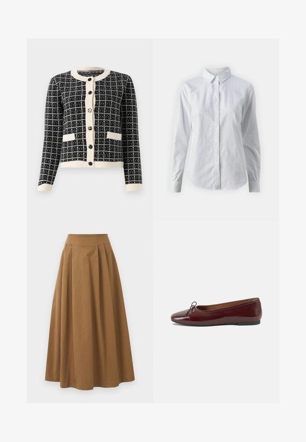 Melnbalts rakstains kardigāns ar apaļu kakla izgriezumu, melnām pogām priekšpusē un divām priekšējām kabatām. Ribotās piedurknes un apakšmala.; Balta pogājamā krekla augšdaļa, izgatavota no gluda kokvilnas, ar klasisku apkakli, garām piedurknēm un izliekto apakšmalu. Pogas ir mazas un baltas.; Brūna kokvilnas A formas svārki ar augstu jostasvietu, kurai priekšā ir krokas un gluda tekstūra. Apakšmala ir tīra un vienkārša.; Burgundijas laku ādas baleta kurpes ar noapaļotu purngalu, nelielu loku akcentu priekšā un zemu melnu gumijas zoli. Gluda tekstūra.