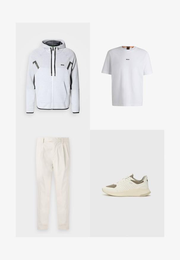 Svetlošedá mikina na zips z textúrovanej látky, s kapucňou, čiernymi akcentmi a logom na ľavej hrudi.; Biela bavlnená tričko s krátkymi rukávmi, na prednej strane so stredne umiestneným čiernym logom "BOSS" a okrúhlym výstrihom.; Biele plisované nohavice s prispôsobeným strihom, s hladkou textúrou, pútkami na opasok a zúženými nohavicami. Žiadne viditeľné vrecká ani vzory.; Biele a svetlo béžové športové tenisky s hornou časťou z mriežkového materiálu, perforovanými detailmi a textúrovanou medzipodrážkou s logom na päte.