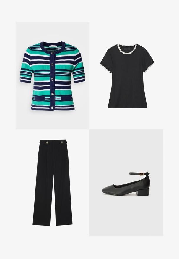 Cardigan de manga curta em riscas azuis, verdes e brancas. Apresenta cinco botões, colarinho canelado e bolsos na frente.; T-shirt preta com textura canelada, gola redonda com acabamentos brancos em formato de ondas, e mangas curtas com detalhes em ondas correspondentes.; Calças largas pretas com cintura alta, detalhes em botão na cintura e pregas frontais.; Sandal de pele preta com bico pontiagudo e um salto bloco baixo. Apresenta uma tira no tornozelo com uma fivela em tom dourado. Textura suave.