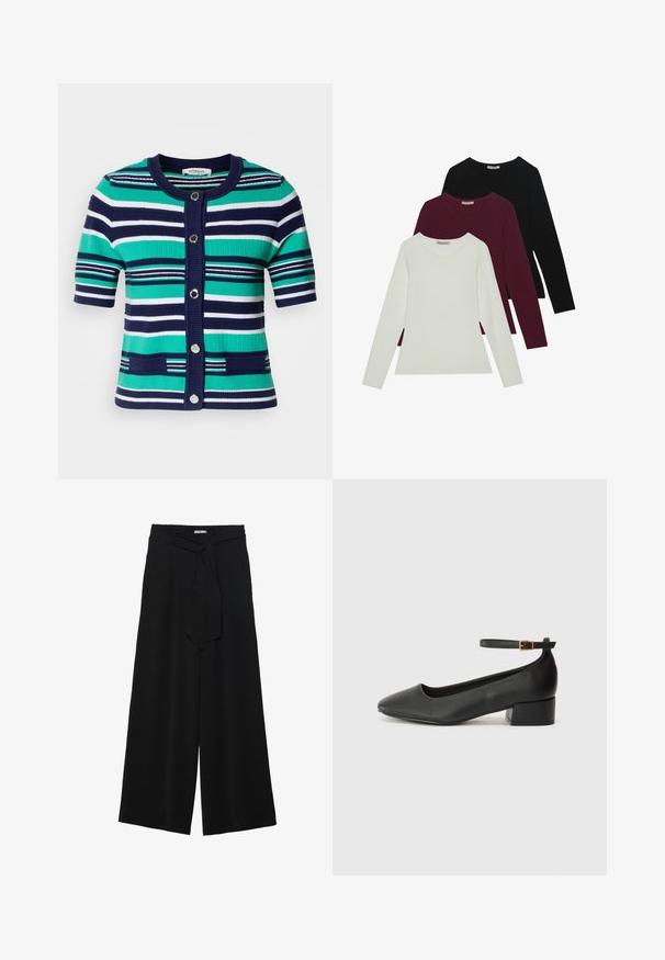 Kortärmad cardigan i blå, grön och vita ränder. Har fem knappar, ribbad krage och fickor framtill.; Långärmade t-shirts i vitt, vinrött och svart. Tillverkade av mjukt tyg med rund halsringning och figurnära design. Lämpliga för lager-på-lager.; Svarta vida byxor med texturerad tyg, elastisk midja och en avtagbar käppknut i midjan för justerbar passform.; Svart läderpump med spetsig tå och en låg klack. Har en ankelsnodd med en guldtonad spänne. Slät textur.