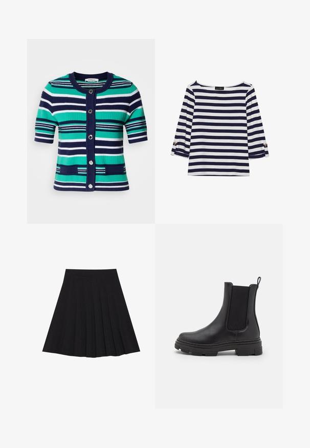 Cardigan a maniche corte nelle tonalità blu, verde e bianco a righe. Presenta cinque bottoni, colletto a coste e tasche anteriore.; Maglietta a righe blu navy e bianca con maniche lunghe, scollo a barca e dettagli con bottoni dorati sulle maniche arrotolate. Tessuto morbido, vestibilità comoda.; Gonna nera plissettata realizzata in tessuto strutturato con una vita aderente. Cade all'altezza del ginocchio, presentando una silhouette liscia e pulita.; Stivale alla caviglia in pelle nera con pannelli elastici laterali, punta tonda e suola in gomma texturizzata. Dotato di un anello sul retro per una facile vestibilità.