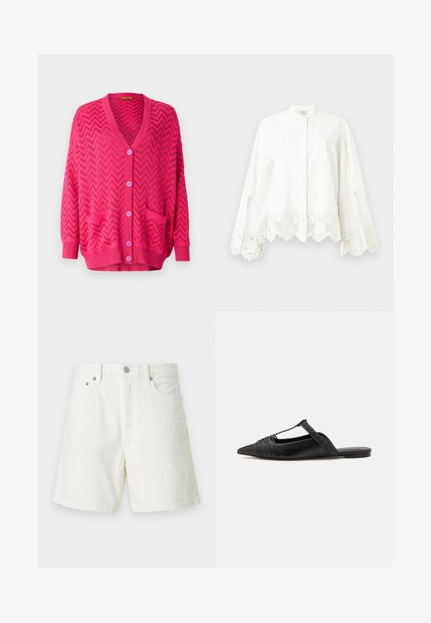 Różowy sweter z dżerseju o wzorze zygzakowym, z dekoltem w serek, długimi rękawami, pięcioma guzikami i dwiema przednimi kieszeniami.; Biała koszula o długim rękawie z guzikami, z koronkowym wykończeniem na mankietach i u dołu, z kołnierzykiem mandarynkowym i subtelnym dekoracyjnym haftem.; Białe dżinsowe szorty o prostym kroju, z pięcioma kieszeniami, z przodu zapinane na guzik, z metalowym wykończeniem i przeszyciami.; Czarny skórzany but na odkrytej pięcie z pointed toe, ozdobiony plecionym akcentem i plisowanym wzorem górnej części. Płaska podeszwa z minimalnymi elementami.