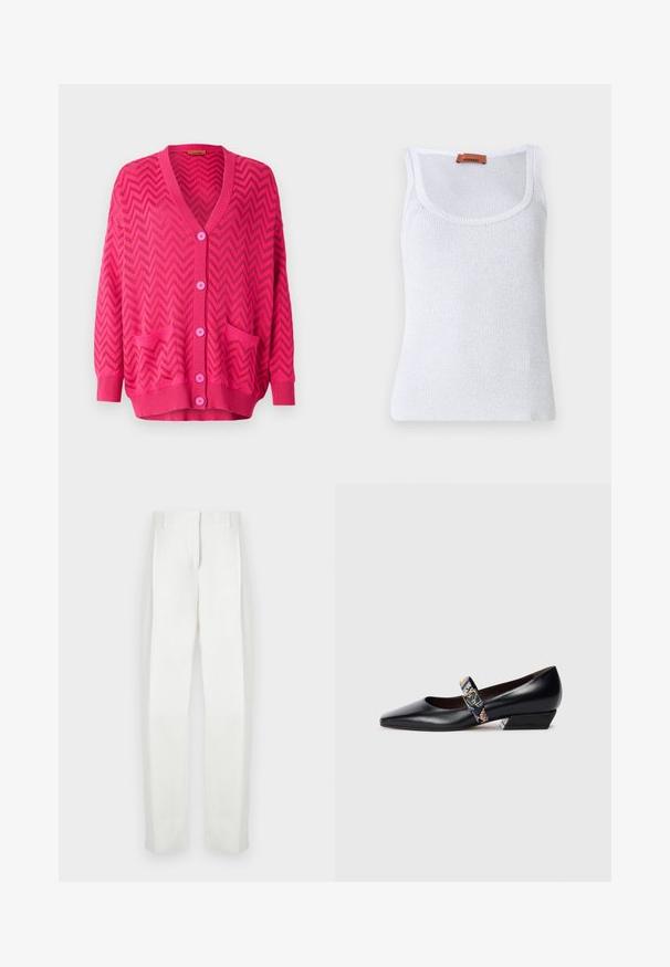 Rózsaszín kötött kardigán, chevron mintával, V-nyakkivágással, hosszú ujjakkal, öt gombbal és két elülső zsebbel.; Fehér bordázott ujjatlan póló kerek nyakkivágással, vékony textúrával és bőr címkével a váll közelében.; Paul Smith Nadrágok - white; Fekete bőr magassarkú cipők hegyes orral, színes pánttal és aranyszínű hardverrel. Alacsony, szögletes tömbsarok.