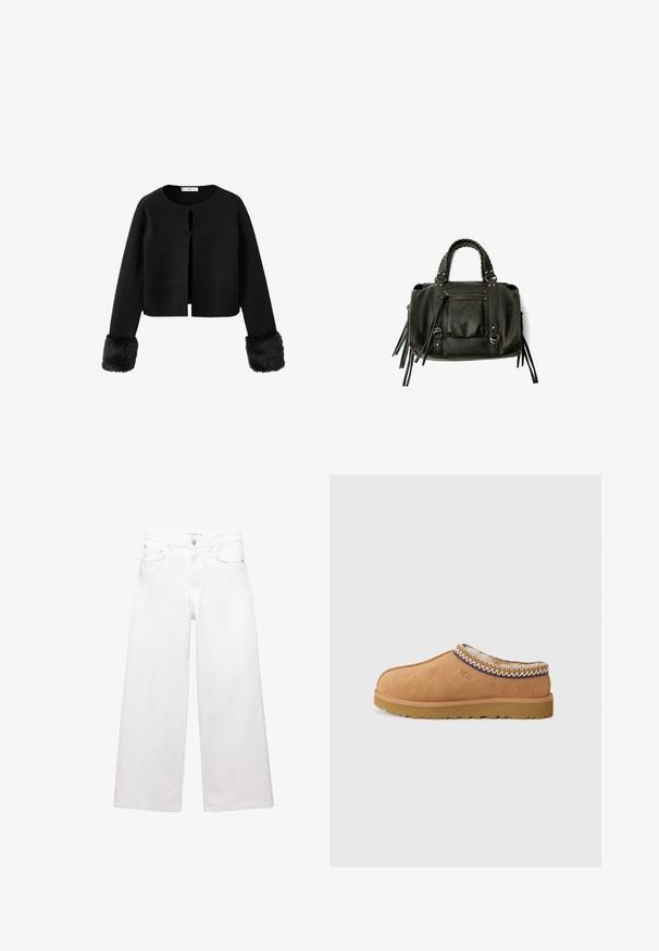 Schwarze, kurz geschnittene Strickjacke mit rundem Halsausschnitt, offener Vorderseite und Kunstfellakzenten an den Ärmeln. Weicher Stoff und minimalistisches Design.; Cremefarbenes Langarmshirt mit weitem Ausschnitt und ausgestellten Ärmeln. Glatter, leichter Stoff. Einfaches, minimalistisches Design ohne Verzierungen.; Weiße, weit geschnittene Jeans aus Baumwolle mit hoher Taille, Fünf-Taschen-Design und Messingbeschlägen. Glatte, unbeschädigte Oberfläche.; Beige Wildleder-Slipper mit einem strukturierten Wollfutter und dekorativer ethnischer Stickerei am Kragen. Verfügt über eine Gummisohle.; Schwarze Lederhandtasche mit geflochtenen Griffen, Reißverschlussfach und hängenden Quasten. Strukturiert Oberfläche mit Metallnieten und Hardware-Akzenten.