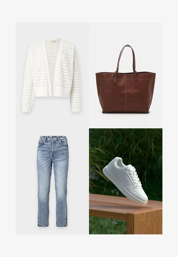 White cropped cardigan with a spaced hole pattern, ribbed cuffs, and open front design. Lightweight knit material.; Two cotton crop tops in white and black. Each has a deep neckline and thin shoulder straps, featuring a smooth, soft texture.; Light blue denim jeans with a straight fit, high waist, faded texture, and five pockets. Features metal button and zipper closure.; White sneaker with a smooth synthetic upper, perforated toe box, flat laces, and a textured sole, displayed on a wooden surface.; Brown leather tote bag with double handles, features contrast stitching and a spacious design, suitable for everyday use.