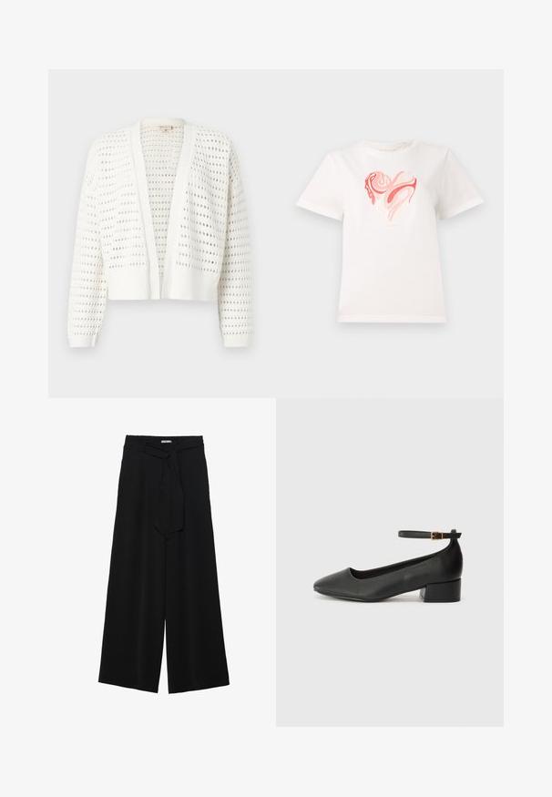 Witte gecropte cardigan met een spiraalpatroon, geribde manchetten en een open voorkant. Lichtgewicht gebreid materiaal.; Witte katoenen t-shirt met een hartgrafiek in tinten roze en koraal, met draaiende abstracte patronen in het midden. Korte mouwen, ronde hals.; Zwarte wijde broek van textuurstof, met een elastische tailleband en een afneembare sjaalstrik in de taille voor een verstelbare pasvorm.; Zwarte leren pump met een spitse neus en een lage blokhak. Beschikt over een enkelband met een goudkleurige gespsluiting. Gladde textuur.