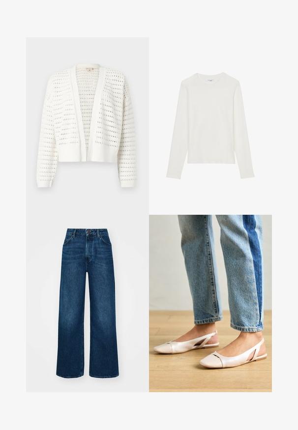 Cardigan alb scurt cu un model cu găuri dispersate, manșete cu densitate ribbed și design deschis frontal. Material tricotat ușor.; Tricou alb cu mânecă lungă, realizat dintr-un material moale, având un guler rotund și un design simplu, elegant, fără motive suplimentare.; Jeans cu talie înaltă și picioare largi, din denim albastru închis, cu o textură netedă, cusături în contrast și design cu cinci buzunare. Închidere frontală cu nasture.; Sandalete plate de un roz pal cu vârf ascuțit, realizate dintr-un material asemănător pielii, neted. Prezintă detalii decupate pe laterale și un toc plat.