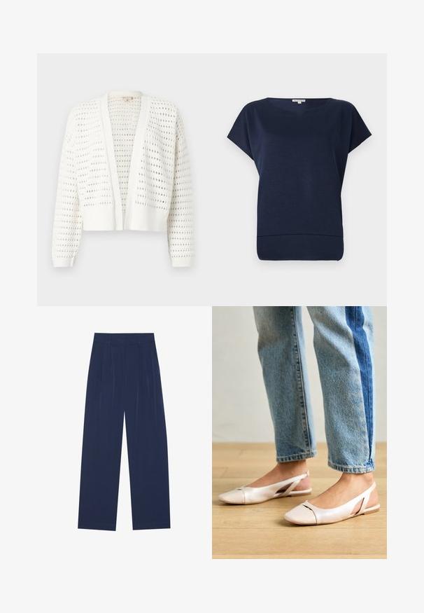 Hvit kort cardigan med et romslig hullmønster, ribbestrikkede mansjetter og åpen frontdesign. Lett strikkemateriale.; Mørkeblå kortermet topp med avslappet passform, rund hals og subtil tekstur. Mykt stoff med en kant som buer litt oppover.; Marineblå bukser med vide ben laget av mykt stoff, med frontfolder, en glatt tekstur og en rett passform uten synlige lommer.; Lys rosa slingback leiligheter med spiss tå, laget av et glatt, læraktig materiale. Har utskjæringer på sidene og lav hæl.