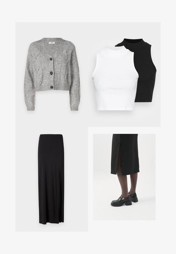 Hallitatud hallist kudumist kardigan V-kaelusega, millel on kabeli kudumise muster, pikad varrukad ja kolm musta nööpi ees. Lühike lõikega.; Kaks musta ja valget ilma varrukat ribikrae topi, millel on sobiv disain ja sile tekstuur, ning lühikesed pikkused.; Must vest musta pehmeast ja venivast materjalist. Omab külgsuunda lõhet ja lihtsat, voolujoonelist disaini ilma kaunistusteta.; Mustad mustad jalatsid ümmarguse varbaga, paksu plokkniidi ja elastsete külgdetailidega, kombineeritud tumedate sukkade ja musta lõhikuga seelikuga.
