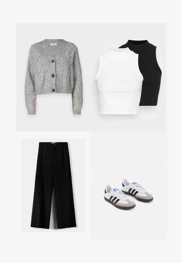 Szürke kötött kardigán V-kivágással, díszes kábeles mintával, hosszú ujjakkal, és elöl három fekete gombbal. Rövidített fazon.; Két ujjatlan, bordázott garbós top fekete és fehér színben, testhezálló kialakítással és sima textúrával, rövidített hosszal.; Fekete, bő szárú nadrág, könnyű anyagból, elöl gombos záródással és sima elfröccsenésű fazonnal, szépen varrott szegélyekkel.; Fehér bőr felsőrészes sportcipő, szürke velúrból készült orral és három fekete csíkkal. Jellemzője a kék logó a nyelvén és egy texturált gumitalp.