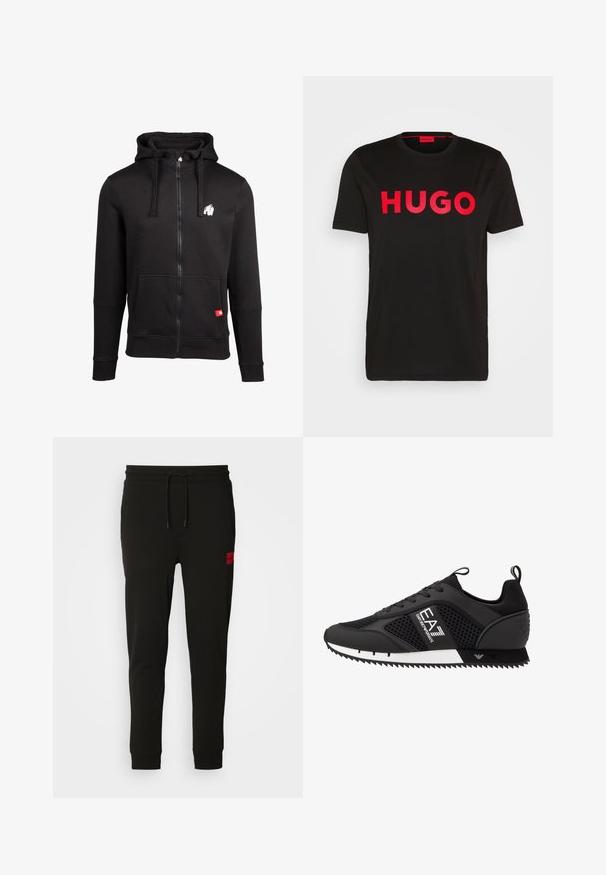 Felpa nera con zip, cappuccio, tasche frontali e logo di un gorilla bianco sul petto. Presenta polsini e orlo inferiore a costine. La trama del tessuto è liscia.; T-shirt nera in cotone con il testo "HUGO" rosso audace sul davanti, maniche corte, scollo rotondo e vestibilità rilassata.; Pantaloni felpati neri realizzati in tessuto morbido, con vita regolabile tramite cordoncino, vestibilità slim e una patch rossa con logo sulla coscia sinistra.; EA7 Emporio Armani LACES UNISEX - Sneakers basse - black/white