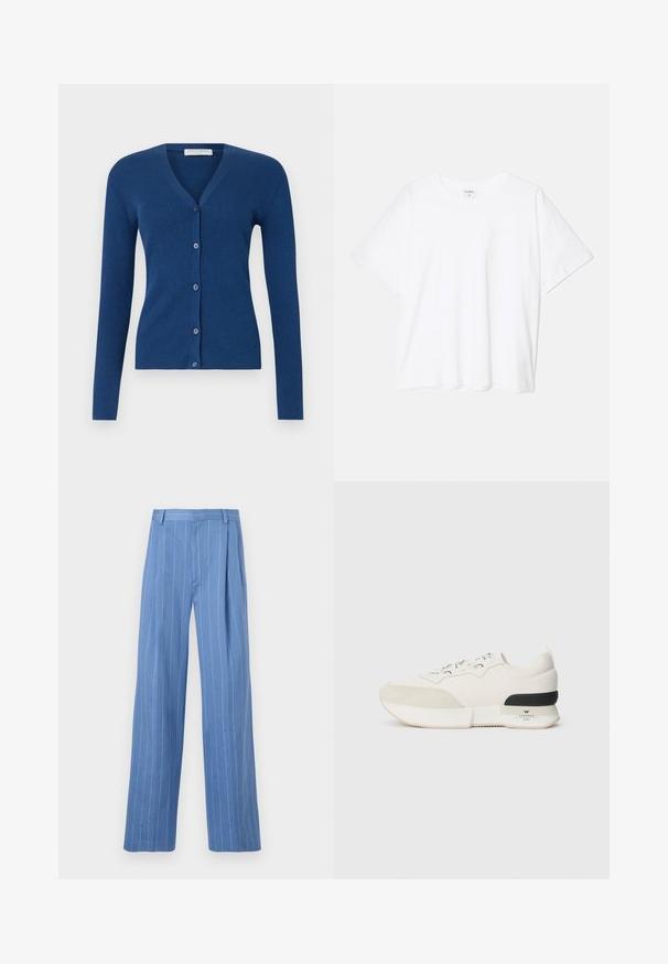 Tiger of Sweden GIANE - Kardiganas - deep blue; Balta medvilnės marškinėliai trumpomis rankovėmis, apvalia iškirpte, laisvo kirpimo ir su siūtu kraštu. Etiketė matoma vidinėje iškirptės pusėje.; Šviesiai mėlynos plačios kojų kelnės su vertikaliomis baltomis juostelėmis. Pagamintos iš lygaus audinio, turi priekinę raukšlę ir švarų juosmens dizainą.; Balti sportiniai bateliai su tekstūruotu zomšiniu priekiu, sklandžiu tinkliniu viršumi, dekoratyviomis raištelėmis ir juodu guminiu kulno akcentu.