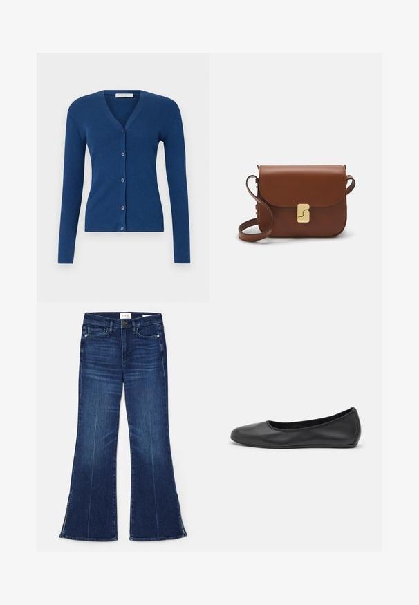 Tiger of Sweden GIANE - Neuletakki - deep blue; Valkoinen lyhythihainen t-paita, joka on valmistettu ribbytedusta kankaasta. Pyöreä pääntiie, normaali istuvuus ja hienovaraiset ompeluyksityiskohdat. Ei kuvioita tai grafiikkaa.; Tummansiniset leveälahkeiset farkut, jotka on valmistettu denimmateriaalista. Ominaisuuksiin kuuluu korkea vyötärö, etupocketit ja halkiokohdat helman kohdalla. Klassinen viiden taskun muotoilu.; Musta nahkainen ballerina, jossa on pyöristetty kärki, sileä pinta, minimaalinen ommelkoristelu ja joustava pohjamuotoilu.; Ruskea nahkainen käsilaukku, jossa on läppäkiinnitys, kultasävyiset yksityiskohdat, olkahihna ja sileä pinta. Kompaktin suorakaiteen muotoinen.