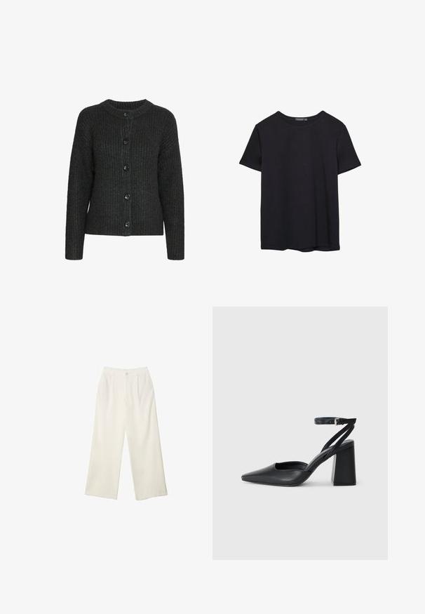 Tumma harmaa neulottu neuletakki, jossa on pyöreä kaulus, ribbitekstuuri ja kuusi mustaa nappia edessä. Pitkät hihat rentoa istuvuutta.; Yksinkertainen lyhythihainen musta puuvillapaidan t-paita, jossa on pyöreä kaula-aukko, esitetty valkoisella taustalla.; Kermanhousut vaaleassa kankaassa, jossa on sileä rakenne, yksittäinen etunappi, hienovaraiset laskokset ja korkea vyötärömuotoilu.; Mustat nahkakengät, joissa on kapea kärki, nilkkaremmi ja paksu korko. Tasainen pinta, tyylikäs muotoilu ja minimalistinen estetiikka.