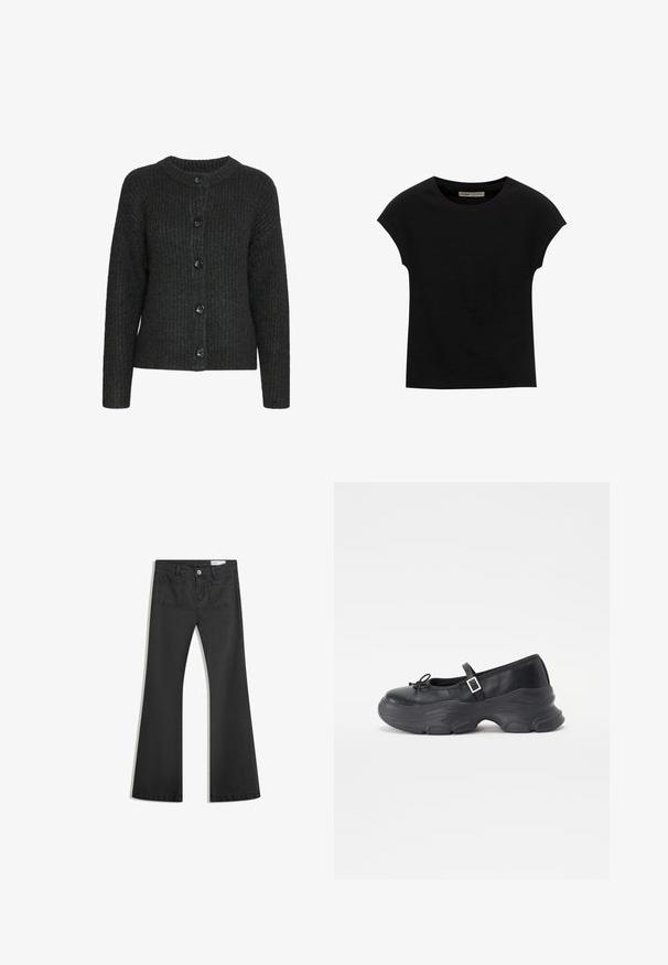 Temno siva pletena jopica z okroglim ovratnikom, reberčeno teksturo in šestimi črnimi gumbi spredaj. Dolgi rokavi z sproščenim krojem.; Črna kratka majica s kratkimi rokavi, narejena iz mehke tkanine, z okroglim izrezom in sproščenim krojem, z gladko teksturo in brez vzorcev.; Črne flare traperke z gladko teksturo, opremljene z dvema zadnjima žepoma in gumbnim zapiranjem v pasu.; Črne usnjene Mary Jane čevlje z zaobljenim nosom, podrobnostjo v obliki pentlje in nastavljivim gležnjenjskim trakom. Imajo masiven gumijast podplat s konkavnimi detajli.
