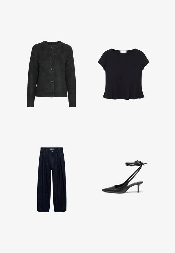 Tamno sivi pleteni kardigan s okruglim izrezom, rebrastom teksturom i šest crnih dugmadi duž prednje strane. Dugi rukavi s opuštenim krojem.; Crni kratki rukav majica od mekog materijala, s okruglim izrezom i raširenim rubom s suptilnim detaljima šavova.; Tamno plave široke hlače s plisama na struku, s prednji gumbom i petljama za remen. Glatka tekstura i dizajn punih dužina.; Crne kožne štikle s šiljastim vrhom, otvorenim leđima i remenčićima koji su vezani u mašnu. Tanak potplat visine 7,5 cm. Glatka tekstura, minimalistički dizajn.