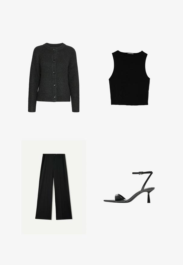 Dunkelgrauer Strickcardigan mit rundem Halsausschnitt, geripptem Muster und sechs schwarzen Knöpfen vorne. Lange Ärmel mit lockerer Passform.; Schwarzes ärmelloses Crop-Top aus glattem Stoff, mit rundem Ausschnitt und einem klaren, schlichten Design ohne Muster oder Beschläge.; Bershka WIDE - Stoffhose - black; Bershka High Heel Sandalette - black