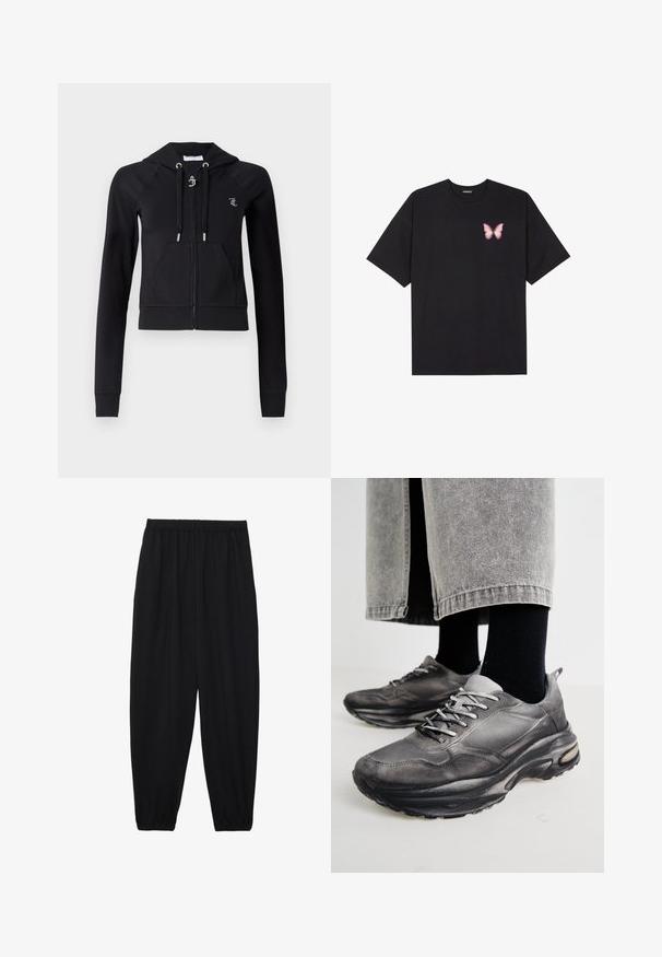 Černá zkrácená zipová mikina vyrobená z měkké tkaniny. Má kapuci, přední kapsy a stříbrné kovové detaily, s logem na levé hrudi.; Černé bavlněné tričko s krátkým rukávem, na levém prsou s malou grafikou růžové motýlky. Design s kruhovým výstřihem a volným střihem.; Černé, lehké kalhoty s elastickým pasem a nařasenými kotníky. Tkanina je hladká a má uvolněný, zúžený design.; Černé a šedé sportovní boty mají síťovaný svršek, silné podrážky a šněrování. Mají zaoblenou špičku a viditelné polstrování.