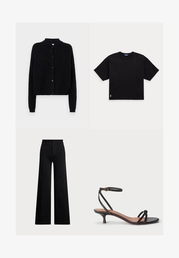 Mustmust cardigan, ringkäe, ees nupuga kinnitamine ja pikad varrukad. Tekstuuriga kangas ja lühike alläär.; Must musta t-särk lühikeste varrukatega, ümar kaelus ja väike valge logo alumisel vasakul küljel. Klassikaline, kastikujuline lõige minimaalsete detailidega.; Mustad laiad püksid, mis on valmistatud kootud kangast, kõrge vöökoha, esiseotud nööbi ja küljetaskutega. Sile tekstuur ja puhtad joones.; Polo Ralph Lauren LEATHER KITTEN-HEEL SANDAL - Klassikalised kontsakingad - black