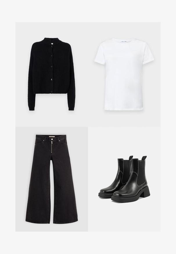 Melnā adītā džempera ar apaļu kakla izgriezumu, priekšējo pogu aizdari un garām piedurknēm. Teksturēts audums ar īsu apakšmalu.; Balta īsām piedurknēm T-krekls, izgatavots no kokvilnas, ar apaļu kakla izgriezumu. Gluda tekstūra un taisna piegriezuma, bez rakstiem vai akcentiem.; Platas kājas džinsi melnā džinsa audumā ar rāvējslēdzēju priekšā, piecu kabatu dizains un smalkas šuvju detaļas. Gluda tekstūra un ikdienišķs stils.; Melni ādas Čelsijas zābaki ar masīvu papēdi, elastīgām sānu panelēm un kontrastējošu balto šuvumu. Teksturēts apdare.