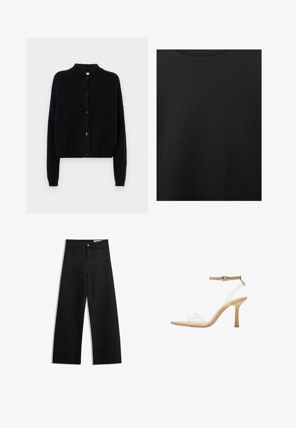 Cardigan negru tricotat cu guler rotund, închidere cu buton frontal și mâneci lungi. Material texturat cu un tiv scurt.; Țesătură de bumbac neagră cu o textură netedă și un guler rotund, având un model de granulație subtil și uniform. Fără logo-uri sau accente vizibile.; Pantaloni din denim negri cu picioare largi, cu talie înaltă, având buzunare frontale și posterioare, cusături dublate și închidere cu nasture. Textură netedă.; Sandalie cu toc transparent, cu un brad transparent, talpă bej și o curea subțire pentru glezna. Au vârf ascuțit și un toc subțire înalt.