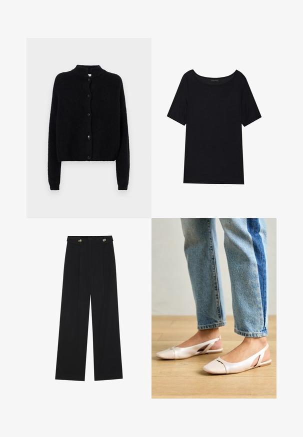 Svart strikket cardigan med rund hals, knappelukking foran og lange ermer. Teksturert stoff med cropped hem.; Svart kortermet T-skjorte med bred hals. Laget av mykt, lett stoff. Enkel design uten mønstre eller detaljer.; Svart vide bukser med høy midje, knappdetaljer på midjebåndet og frontplisser.; Lys rosa slingback leiligheter med spiss tå, laget av et glatt, læraktig materiale. Har utskjæringer på sidene og lav hæl.