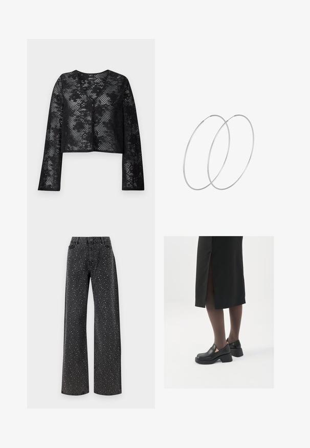 Mustat pitsitakki, joka on lyhyttöinen ja pitkähihoinen, kukkakuosisena ja V-pääntiellä, jonka edessä on napitus.; Musta body, jossa on pitkät hihat, verkko V-aukko ja rypytetty olkapäädetalji. Silkkinen kangas, joka muotoilee vartalon.; Noisy May NMJANNEL LOOSE - Relaxed fit -farkut - black denim; Mustat nahkakengät pyöreällä kärjellä, paksulla lohkopohjalla ja joustavilla sivuakkesseilla, yhdistettynä tummiin sukkahousuihin ja mustaan hameeseen, jossa on halkio.; Hopehope hopeilla, joissa on minimalistinen muotoilu. Pyöreä muoto, sileä pinta ja ohut profiili. Kevyet ja kiillotetut.